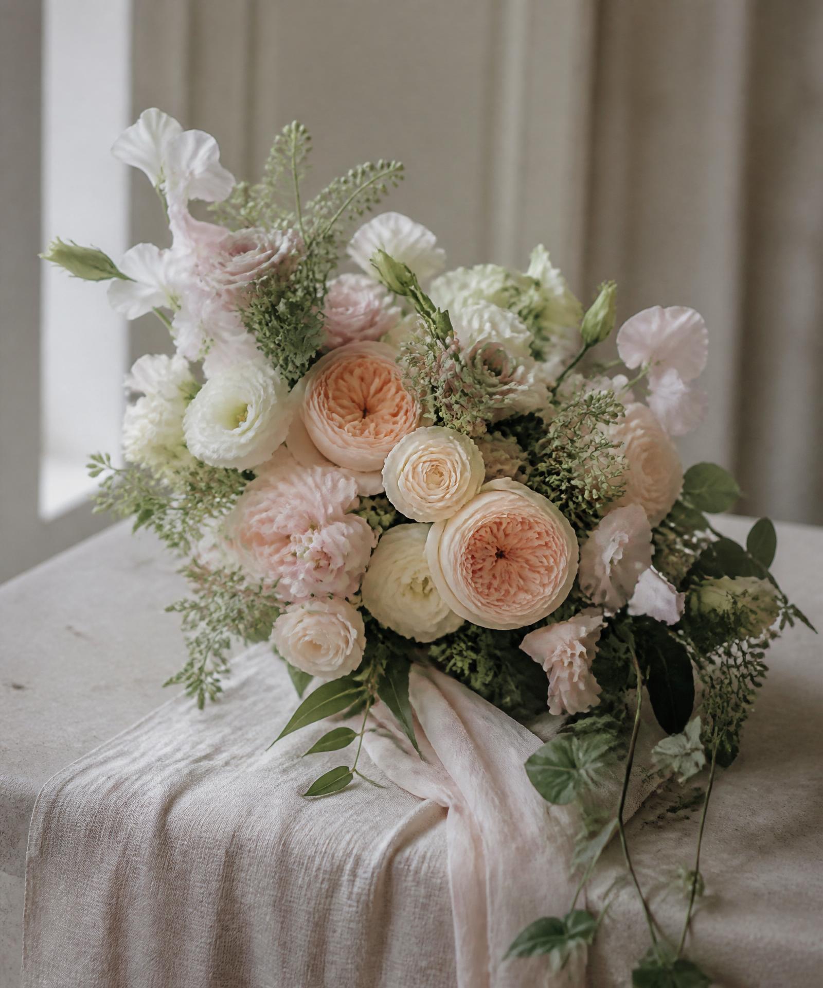 Brautstrauß aus Garten­rosen und Lisianthus